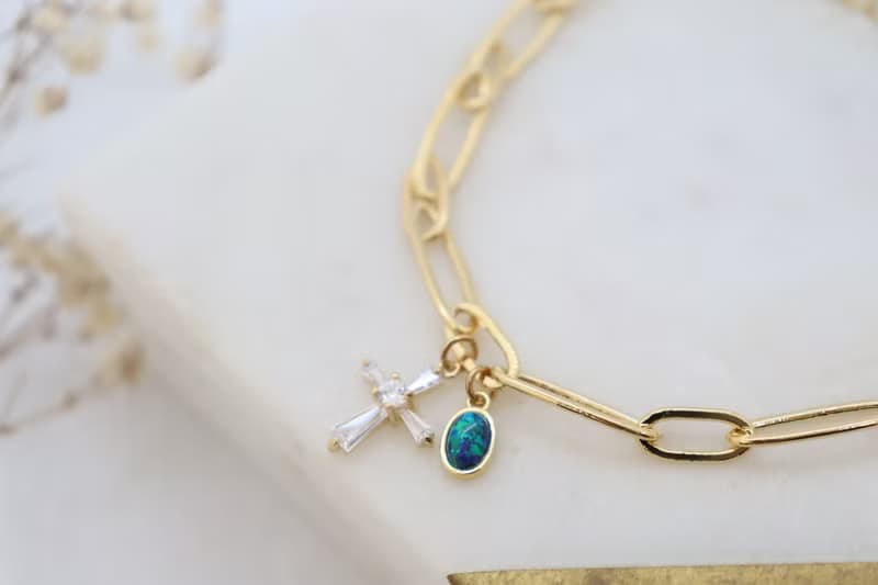 Oval Link Chain Cross & Blue Opal Cham Bracelet, Delicate Handmade Bracelet