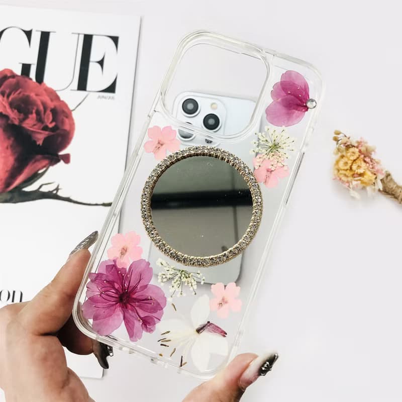 手工製作天然粉紅藍色壓花鏡面手機殼適用於iPhone 16 三星S25