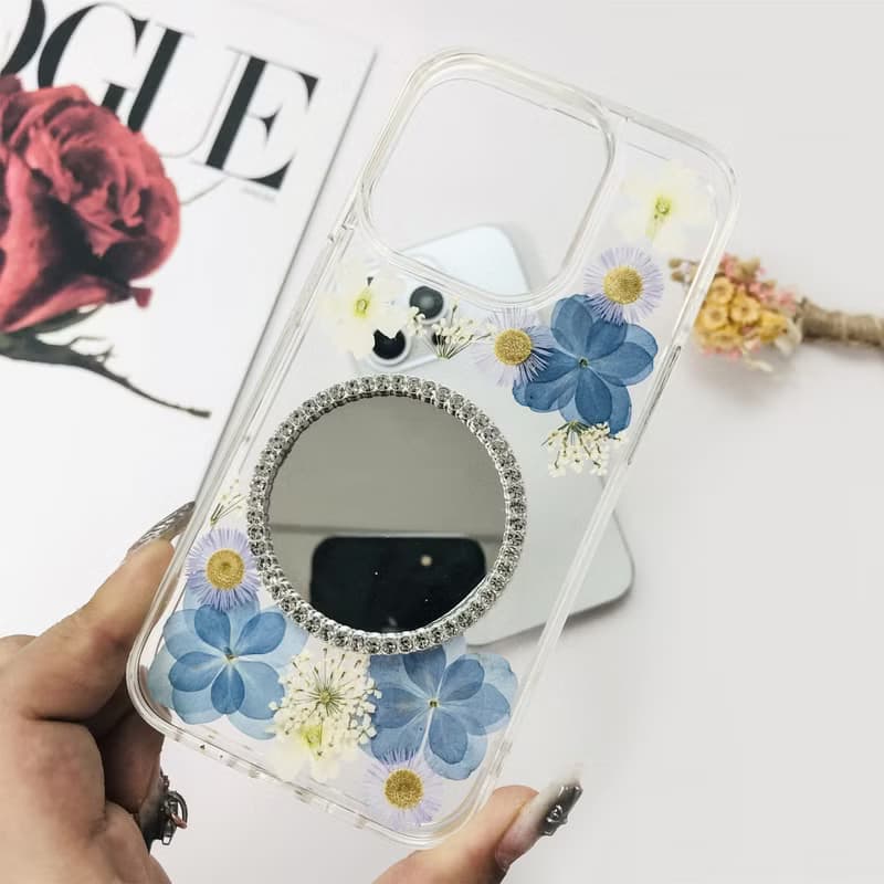 手工製作天然粉紅藍色壓花鏡面手機殼適用於iPhone 16 三星S25