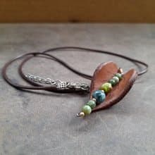 Leaf Necklace, Handmade Leather Leaf Pendant Necklace, Moss Agate/Green Jasper
