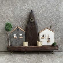 Wooden Pine Wall Key Holder Houses 4 Hooks