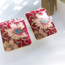 【西洋古董飾品 】早期台灣製 景泰藍-紅色調 長方花卉 針式耳環