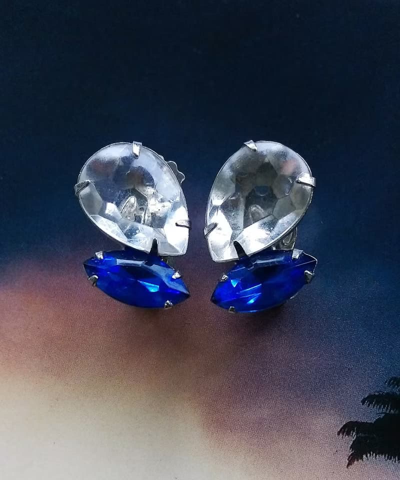 Vintage Jewelry 西洋古董飾品 藍白色調 雙鑽 夾式耳環