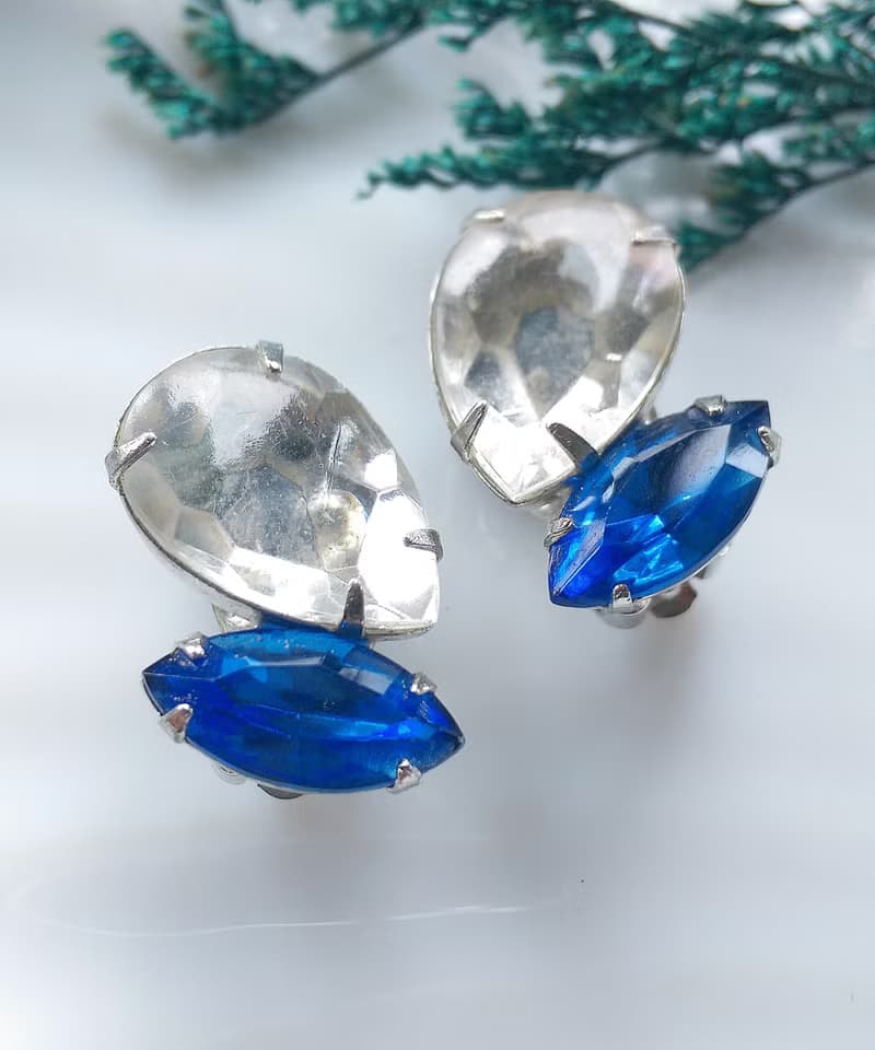 Vintage Jewelry 西洋古董飾品 藍白色調 雙鑽 夾式耳環