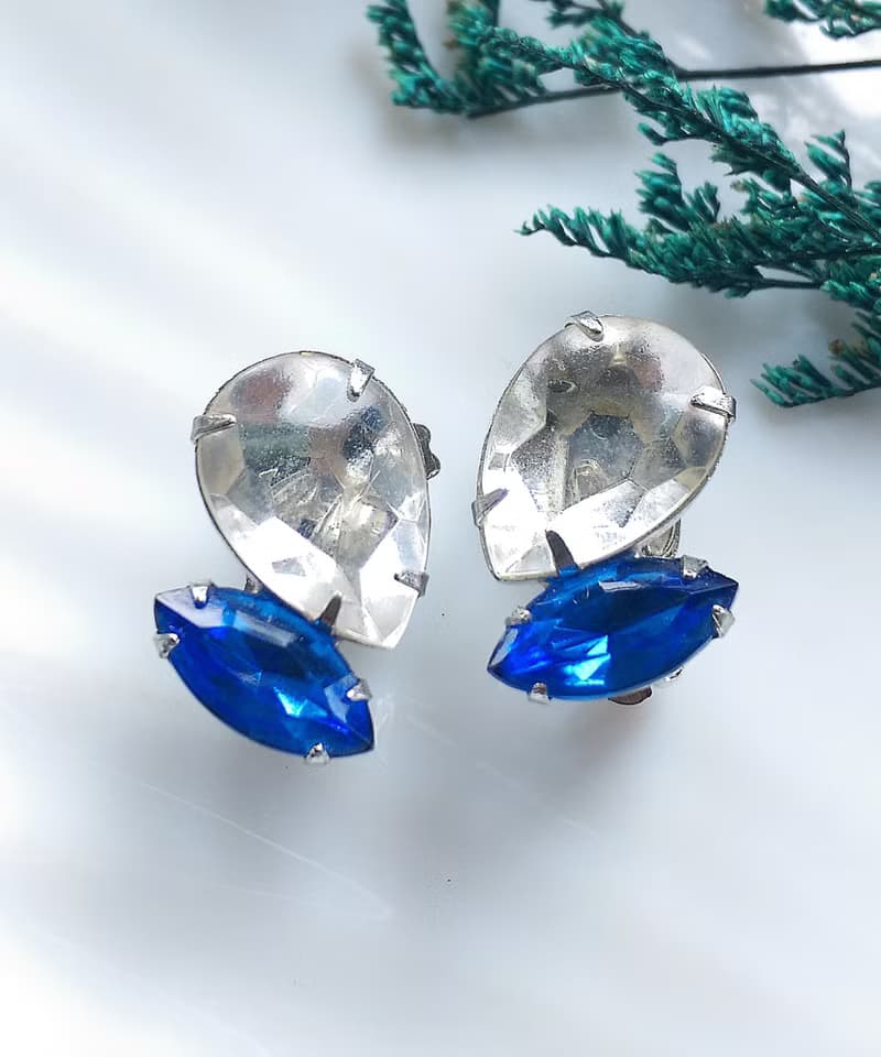 Vintage Jewelry 西洋古董飾品 藍白色調 雙鑽 夾式耳環