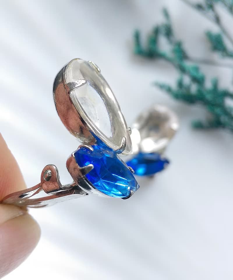 Vintage Jewelry 西洋古董飾品 藍白色調 雙鑽 夾式耳環