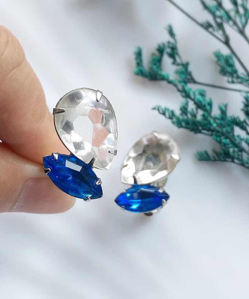 Vintage Jewelry 西洋古董飾品 藍白色調 雙鑽 夾式耳環