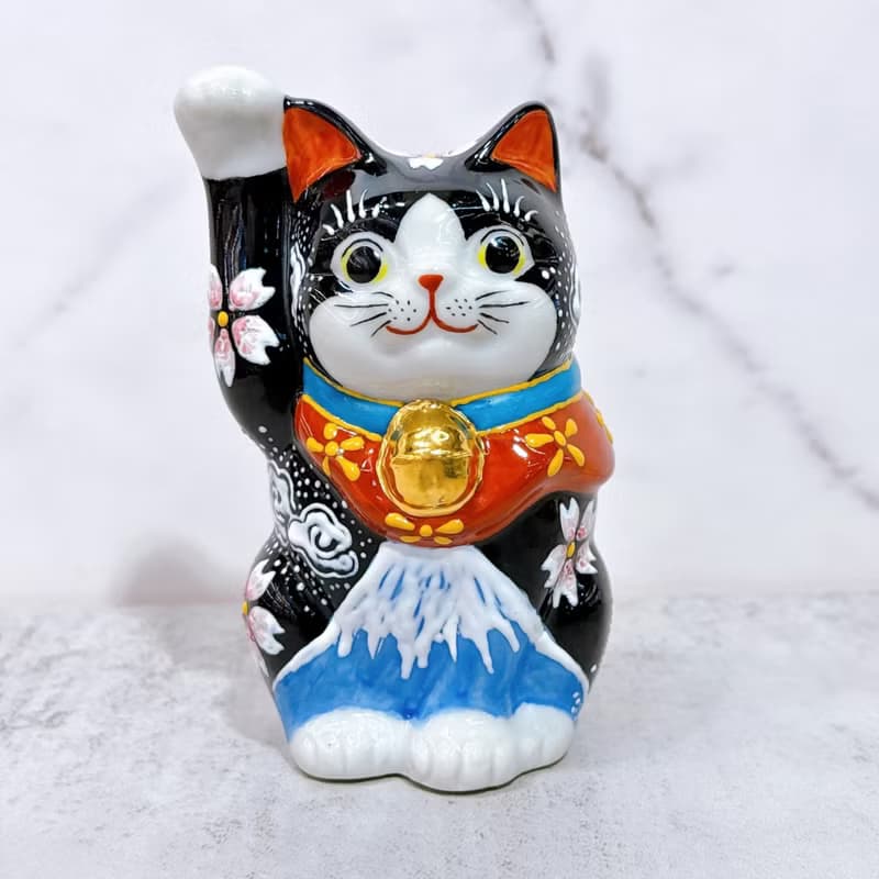 【櫻富招福】日本九谷燒櫻花白富士招財貓 | 櫻花白富士