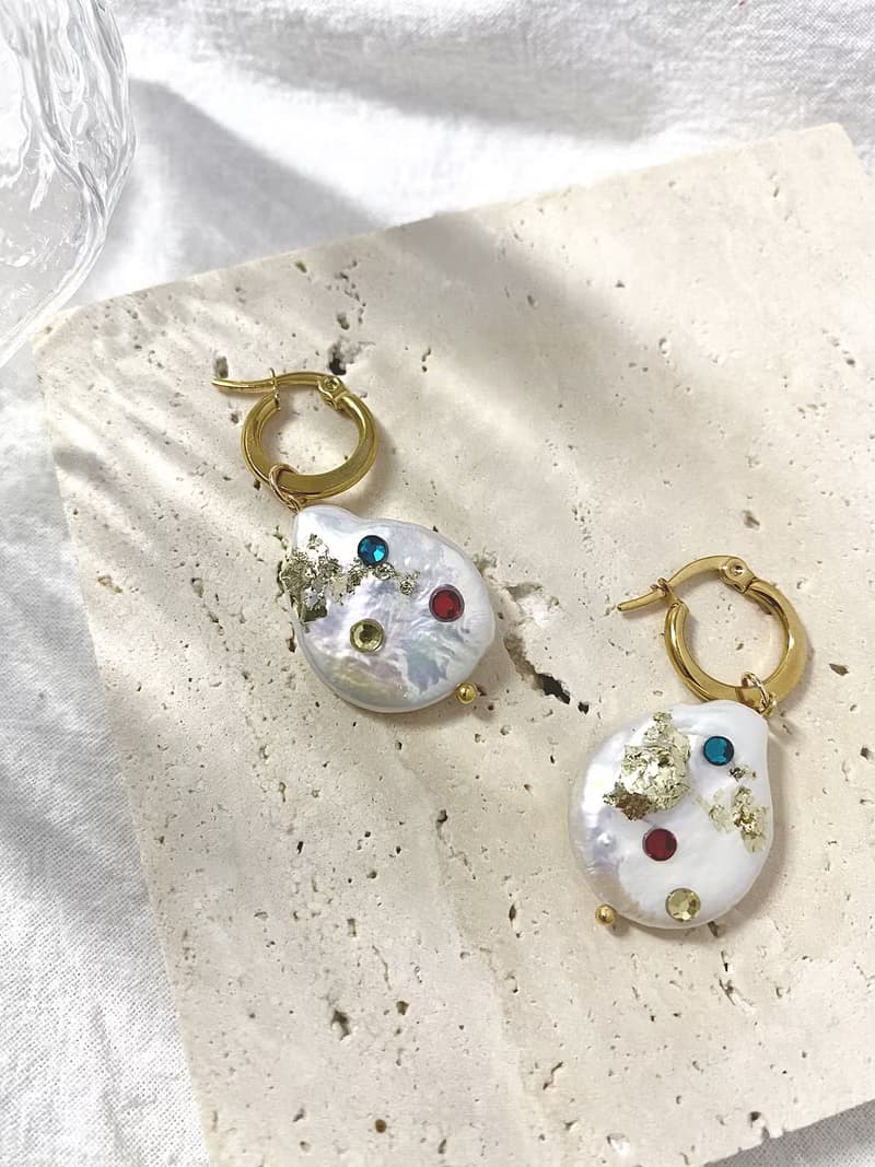 唐頓莊園  復古輕奢天然巴洛克珍珠耳環18K注金耳飾