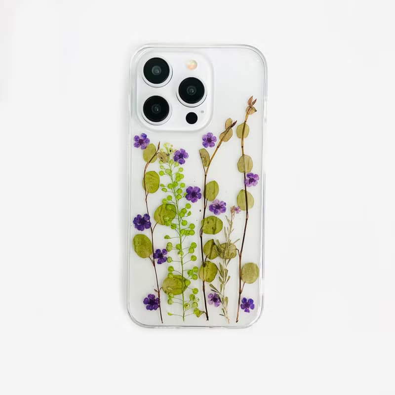 紫花綠葉手工押花手機殼 適用於iPhone 16 Pro Samsung S25 A35