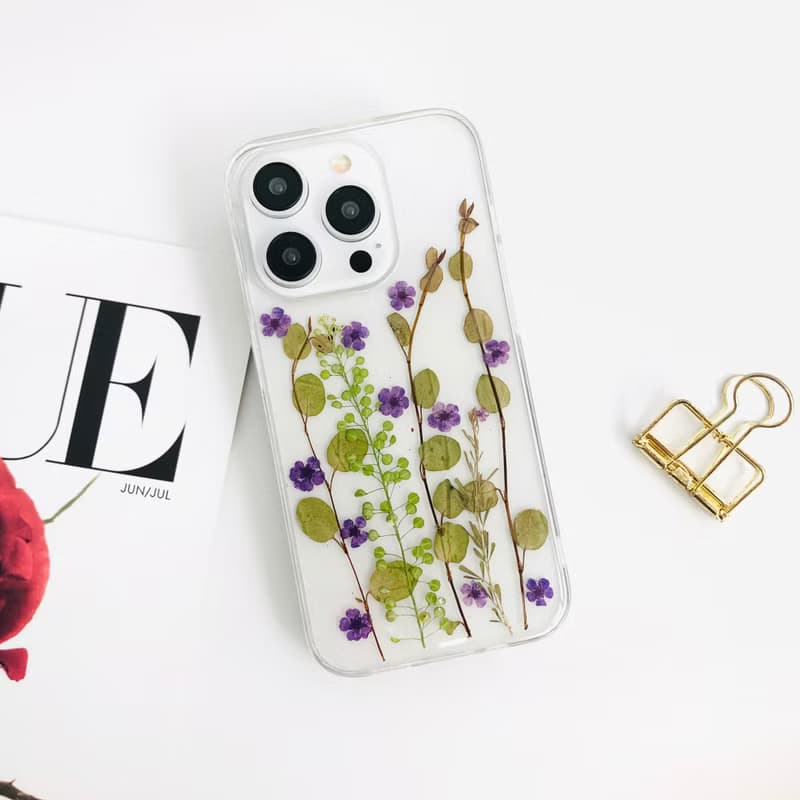 紫花綠葉手工押花手機殼 適用於iPhone 16 Pro Samsung S25 A35