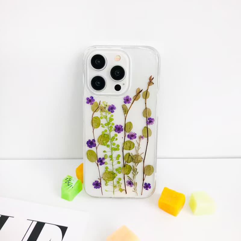 紫花綠葉手工押花手機殼 適用於iPhone 16 Pro Samsung S25 A35