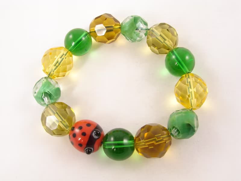Ladybug Ladybird Red Yellow Green Glass Large Beaded Stretch Bracelet Jewelry