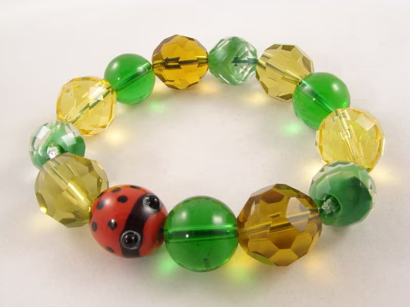 Ladybug Ladybird Red Yellow Green Glass Large Beaded Stretch Bracelet Jewelry