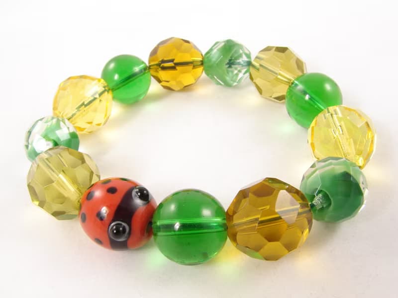 Ladybug Ladybird Red Yellow Green Glass Large Beaded Stretch Bracelet Jewelry
