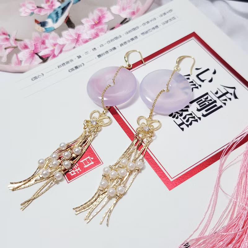 頂級白玉瓍 帶紫 古錢 招財 長流蘇 古典 耳環 單品 禮物