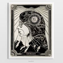 Female portrait with moon phases map wall art Zodiac sign print Linocut print