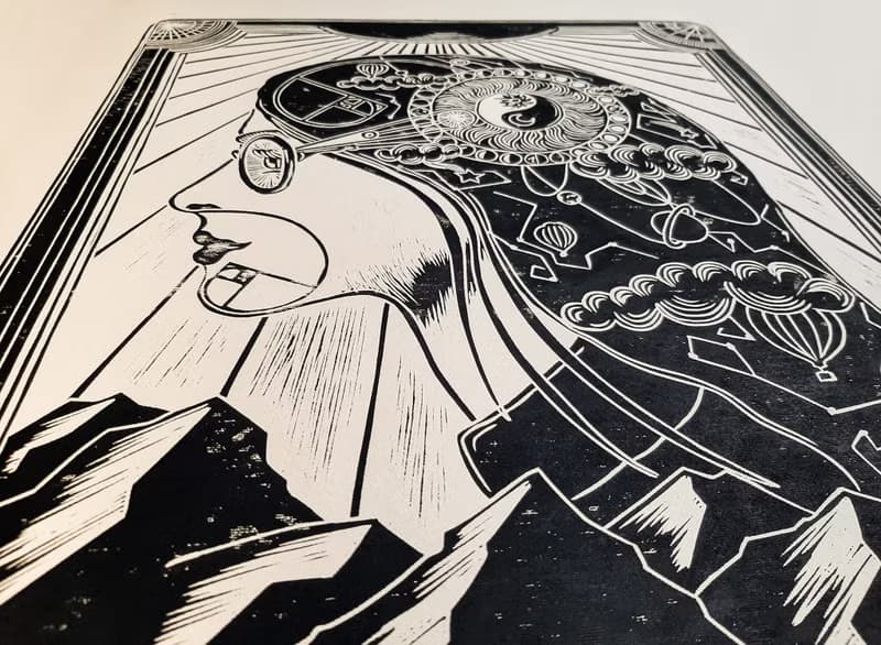Female portrait with moon phases map wall art Zodiac sign print Linocut print