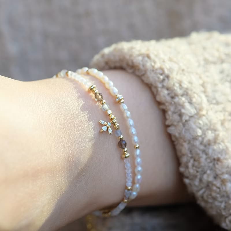 月光森林 月光石茶晶拉長石手鍊 14K包金 天然水晶