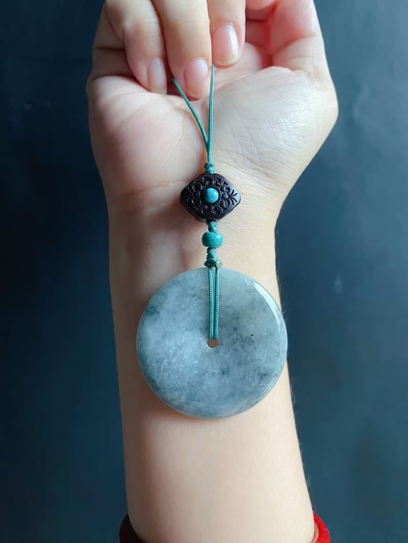 天然緬甸玉翡翠 烏雞 綠底 平安扣 黑檀木 綠松 包掛 手機掛 禮物