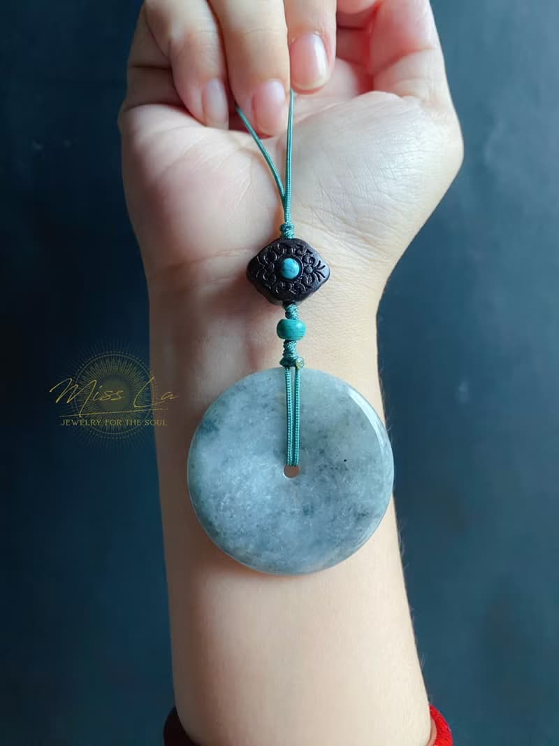 天然緬甸玉翡翠 烏雞 綠底 平安扣 黑檀木 綠松 包掛 手機掛 禮物