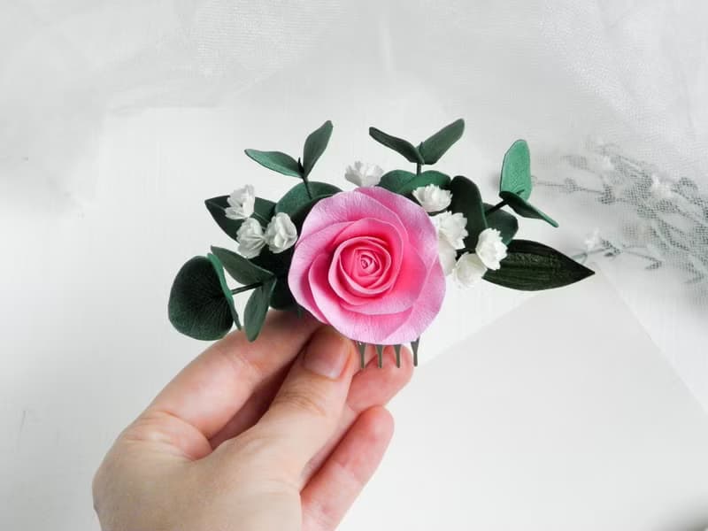 Pink wedding hair comb Flower bridal hair piece Rose comb for bride