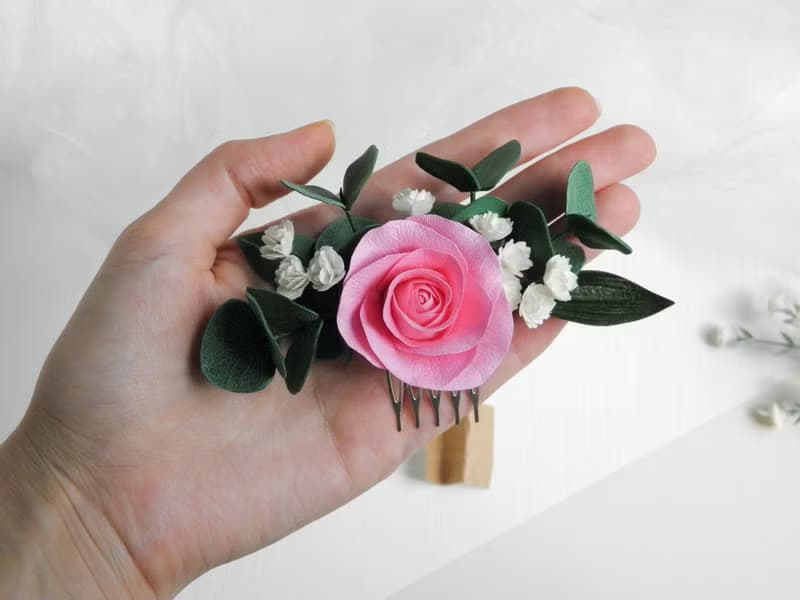Pink wedding hair comb Flower bridal hair piece Rose comb for bride