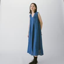 V領壓褶無袖洋裝 - 靛藍