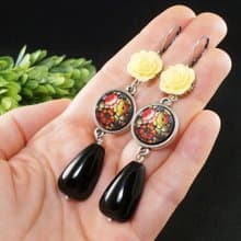 Yellow Rose Black Teardrop A la Russe Zhostovo Flowers Floral Earrings Jewelry