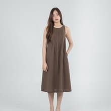 巧克力棕前摺亞麻麻纖混紡寬鬆洋裝