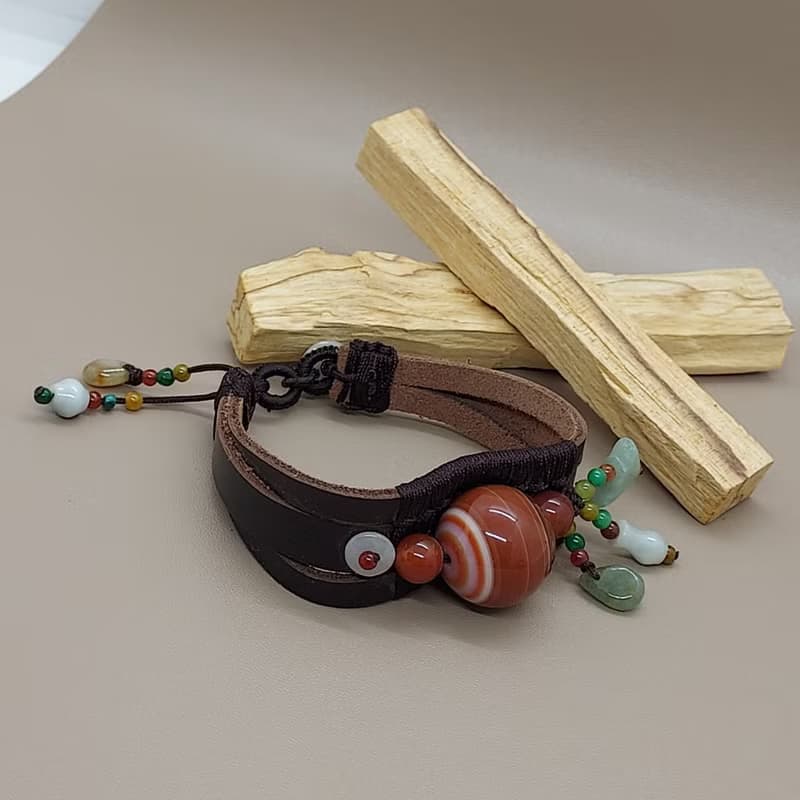 (Strip Agate) 瑪瑙配翡翠玉皮繩 - 招財保平安