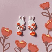 bi rabbit//小白兔牡丹紅花手工軟陶耳環