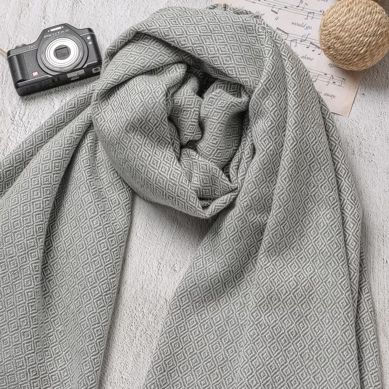 【厚款】喀什米爾羊毛圍巾/披肩  鑽石紋灰色 手工機織