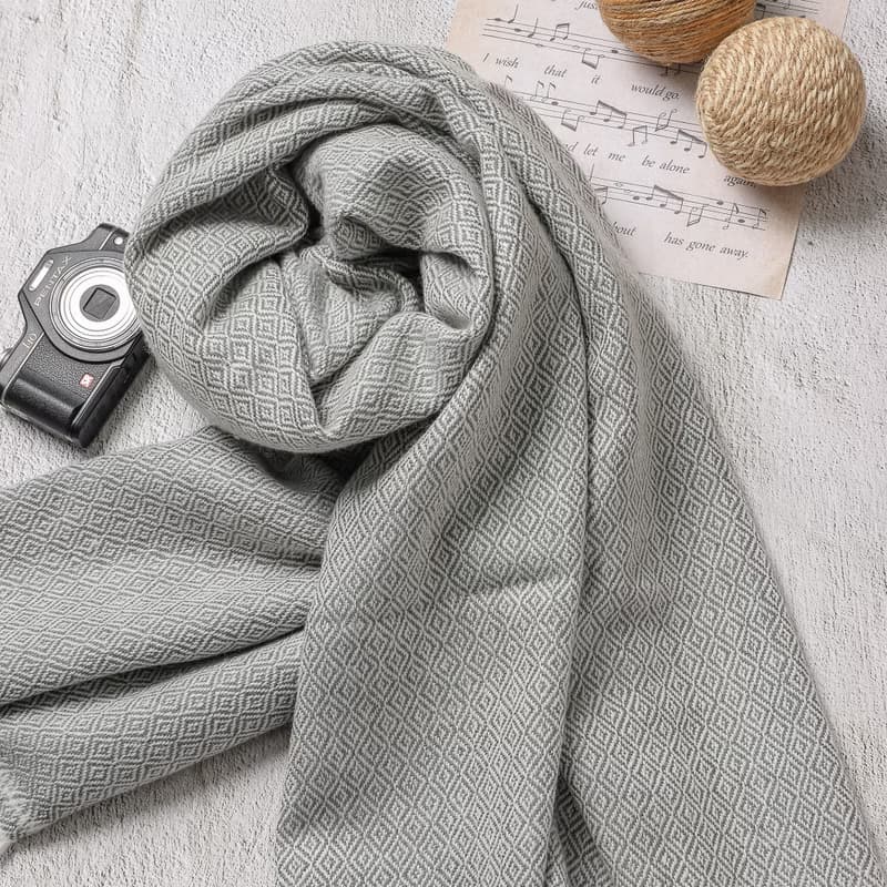 【厚款】喀什米爾羊毛圍巾/披肩  鑽石紋灰色 手工機織