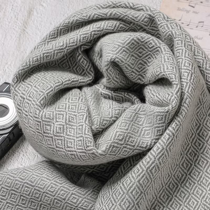 【厚款】喀什米爾羊毛圍巾/披肩  鑽石紋灰色 手工機織