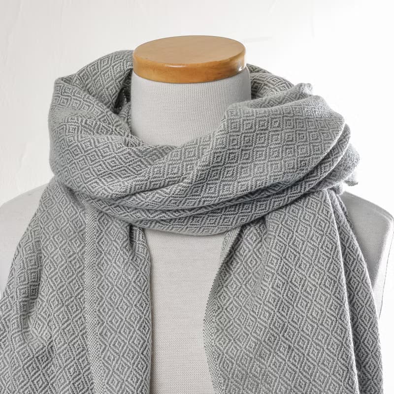 【厚款】喀什米爾羊毛圍巾/披肩  鑽石紋灰色 手工機織