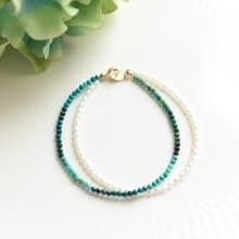 幸運と繁栄の象徴する石 淡水パールとクリソコラ 珪孔雀石 の2連式ブレスレット 6月誕生石