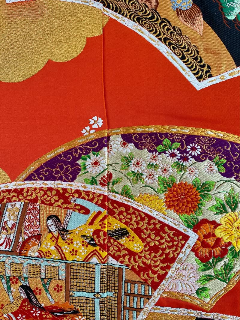 きものからつくるアートパネル　86　縁起物　壁掛け　絵画　1点もの　松　鶴　扇