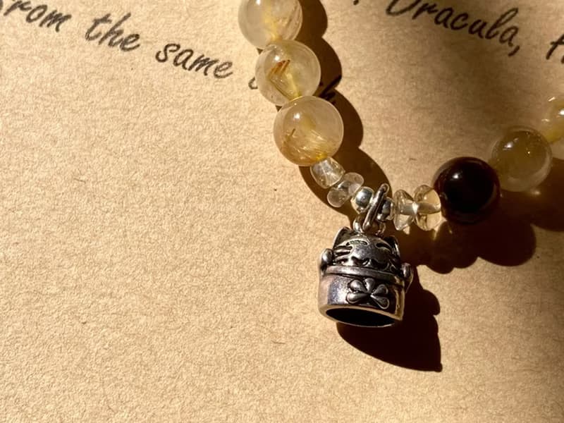 【招財貓。手鏈】金箔珠、金髮晶、虎眼石|藏銀、招正財