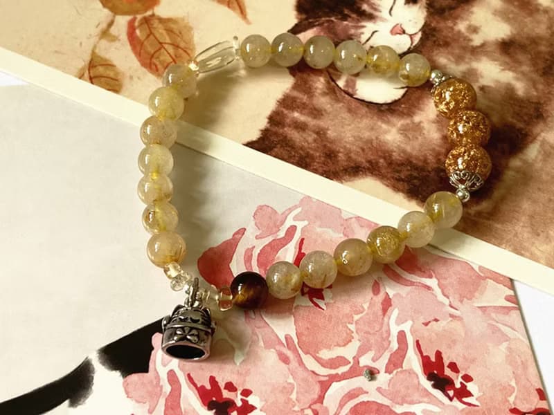 【招財貓。手鏈】金箔珠、金髮晶、虎眼石|藏銀、招正財