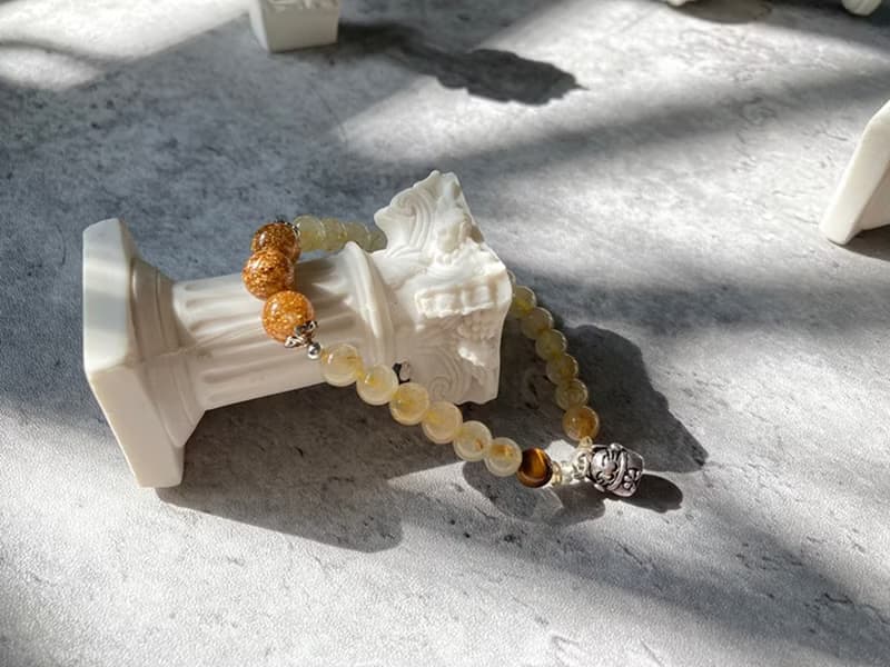 【招財貓。手鏈】金箔珠、金髮晶、虎眼石|藏銀、招正財