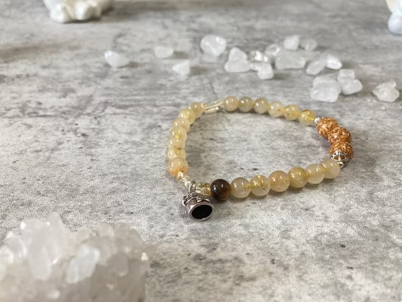 【招財貓。手鏈】金箔珠、金髮晶、虎眼石|藏銀、招正財