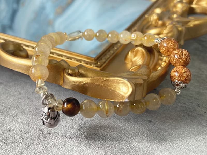 【招財貓。手鏈】金箔珠、金髮晶、虎眼石|藏銀、招正財