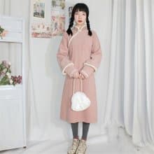 粉紅色 2色 假兩件兔毛氣質聖誕紅洋裝 新中式中秋春節改良旗袍