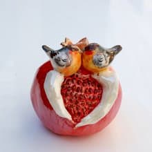 Pomegranate & birds figurine Small porcelain vase Love birds Ceramic fruits