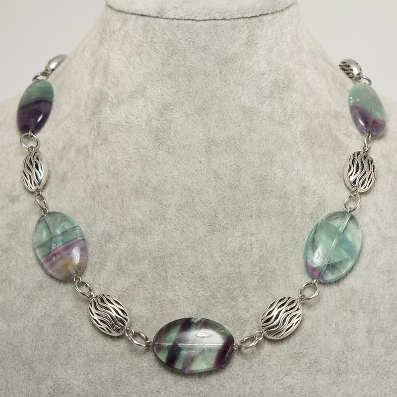 Teal Sage Mint Green Purple Fluorite Large Oval Beaded Necklace Woman Jewelry
