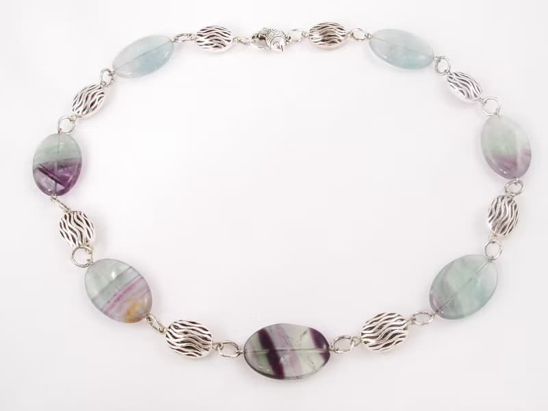 Teal Sage Mint Green Purple Fluorite Large Oval Beaded Necklace Woman Jewelry