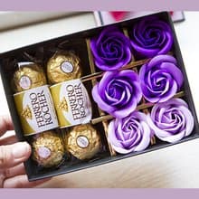 金莎巧克力6顆入+6朵玫瑰香皂花禮盒-紫色-禮品 獎品 送禮 緞帶