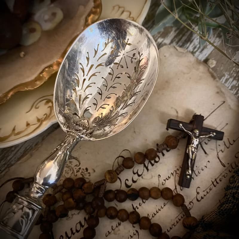 法國Art Nouveau時期 百年珍珠母貝柄 純銀糖粉/糖果/水果勺