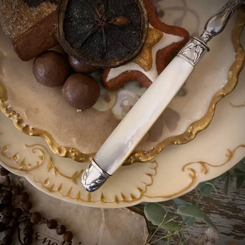 法國Art Nouveau時期 百年珍珠母貝柄 純銀糖粉/糖果/水果勺